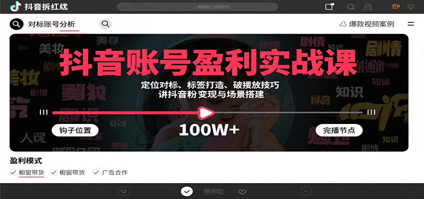 抖音账号盈利实战课，定位对标、标签打造、破播放技巧，讲涨粉变现与场景搭建-优优云网创