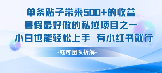 单条贴子带来5张的收益,暑假最好做的私域项目之一,小白也能轻松上手,有小红书就行