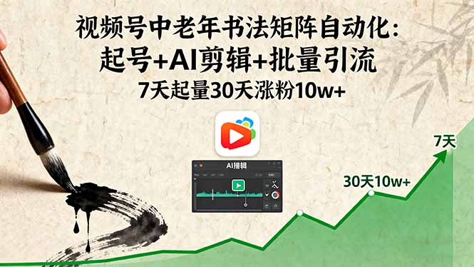 视频号中老年书法矩阵自动化:起号+AI剪辑+批量引流 7天起量30天涨粉10w+-优优云网创