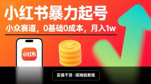 小红书暴力起号，小众赛道，0基础0成本，月入1w-优优云网创