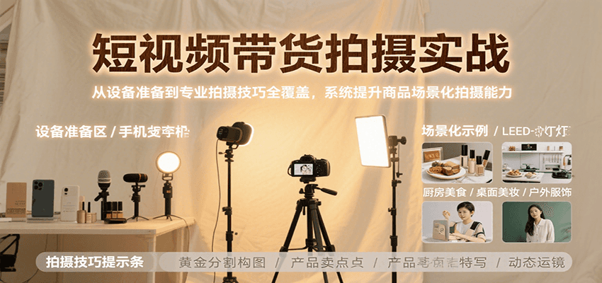 短视频带货拍摄实战,从设备准备到专业拍摄技巧全覆盖,系统提升商品场景化拍摄能力-优优云网创