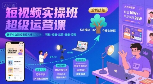 短视频实操班超级运营课，新手小白到短视频大神必修课程，剪辑-拍摄-运营-直播-变现-优优云网创