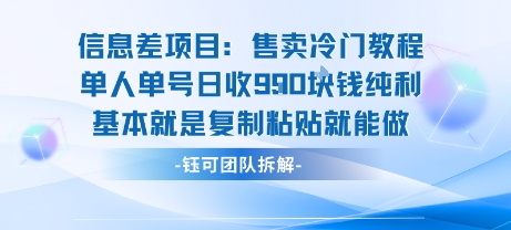 信息差项目：售卖冷门教程单人单号日收9张纯利基本就是复制粘贴就能做-优优云网创
